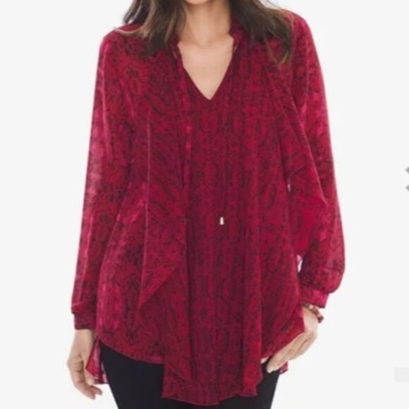 Chico’s Women Size 1/8-10 Floral Sheer Chiffon Long Sleeve Layered Tie Front Top - Picture 1 of 16